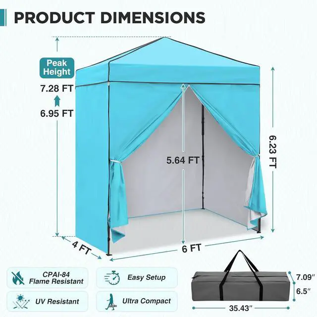 Alt view image 3 of 7 - 6x4 Instant Pop Up Canopy Tent with 4 Side Wall Panels, Straight Leg Sun Shelter, Portable Canopy with Carry Bag for Camping, Beach & Sports, Light Blue