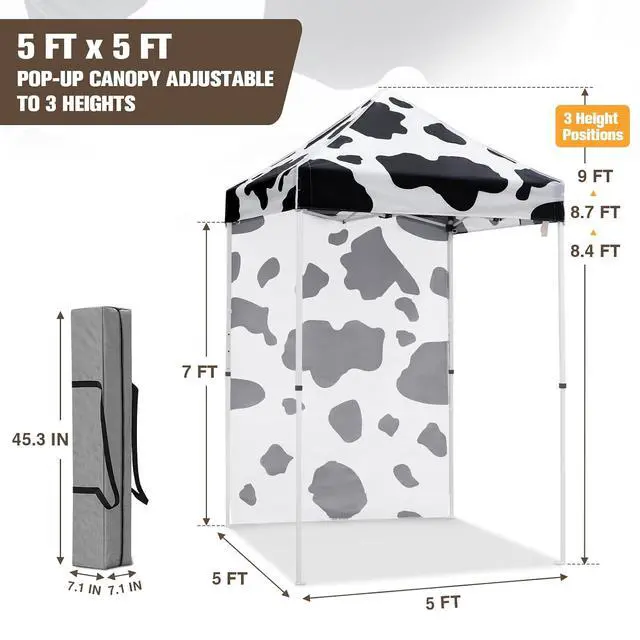 Alt view image 3 of 7 - Pop up Canopy 5x5, Outdoor Portable Canopy Tent with One Removable Sunwall, Carry Bag Included, Cow Print