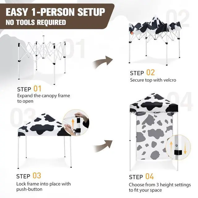 Alt view image 4 of 7 - Pop up Canopy 5x5, Outdoor Portable Canopy Tent with One Removable Sunwall, Carry Bag Included, Cow Print