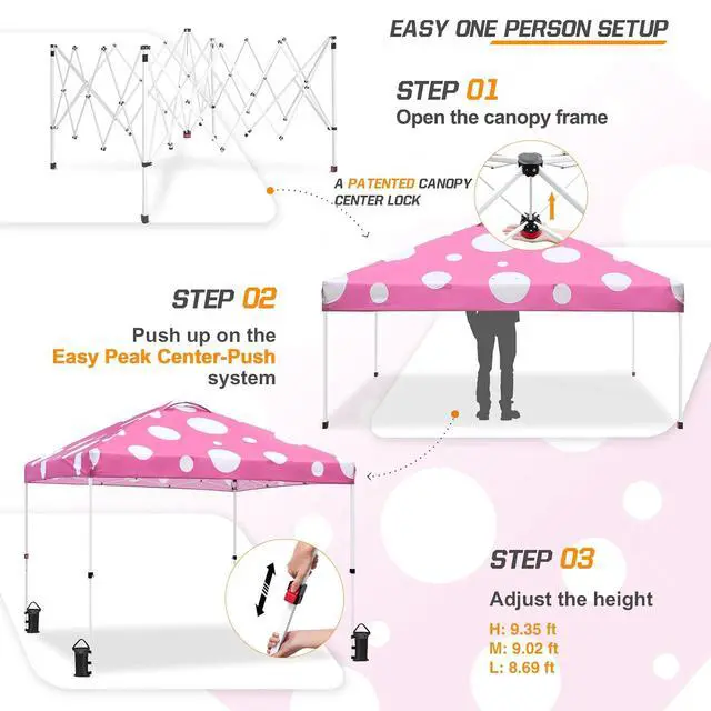 Alt view image 2 of 7 - Pop Up Canopy Tent with Wheeled Carry Bag, 8 Stakes, 4 Ropes, 4 Weight Bags, Easy Set Up Tent Canopy, 10x10 ft, 100sqft of Shade, Pink Mushroom
