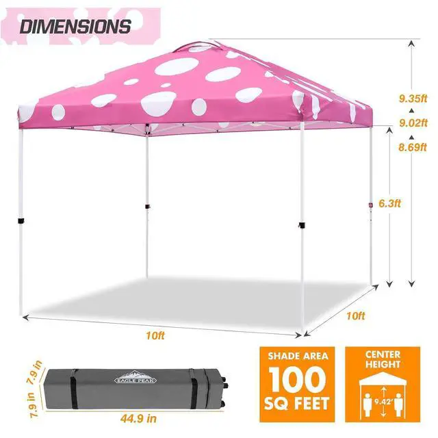 Alt view image 3 of 7 - Pop Up Canopy Tent with Wheeled Carry Bag, 8 Stakes, 4 Ropes, 4 Weight Bags, Easy Set Up Tent Canopy, 10x10 ft, 100sqft of Shade, Pink Mushroom