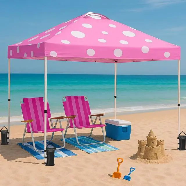 Alt view image 5 of 7 - Pop Up Canopy Tent with Wheeled Carry Bag, 8 Stakes, 4 Ropes, 4 Weight Bags, Easy Set Up Tent Canopy, 10x10 ft, 100sqft of Shade, Pink Mushroom