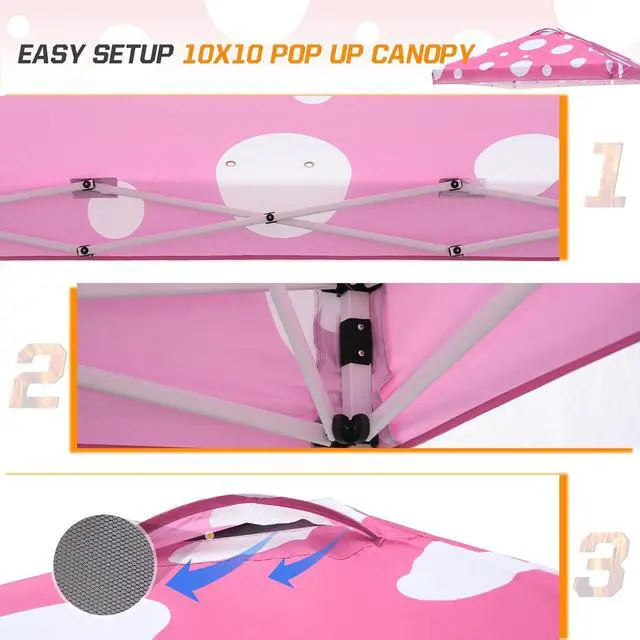 Alt view image 7 of 7 - Pop Up Canopy Tent with Wheeled Carry Bag, 8 Stakes, 4 Ropes, 4 Weight Bags, Easy Set Up Tent Canopy, 10x10 ft, 100sqft of Shade, Pink Mushroom