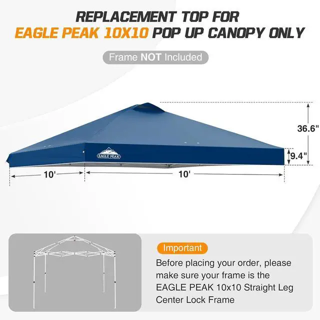 Alt view image 2 of 7 - Replacement Canopy Top for Eagle Peak 10x10 Straight Leg Pop Up Canopy Frame Only, Canopy Cover with Air Vent, UPF 50+, Frame NOT Included, Dark Blue
