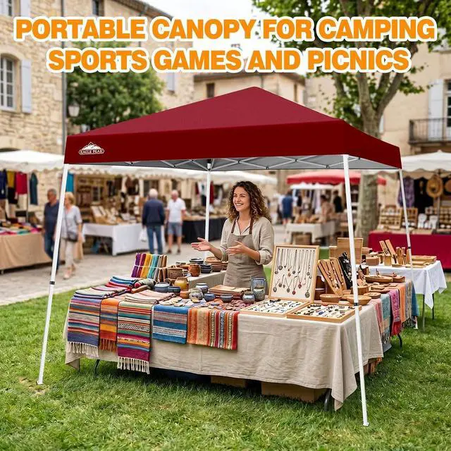 Alt view image 6 of 7 - 10x10 Slant Leg Pop-up Canopy Tent Easy One Person Setup Instant Outdoor Beach Canopy Folding Portable Sports Shelter 10x10 Base 8x8 Top (Burgundy)