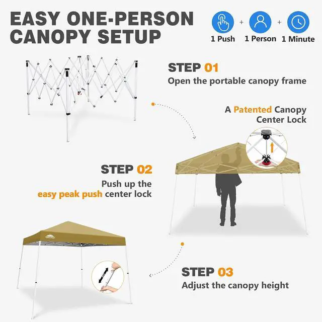 Alt view image 6 of 7 - 10x10 Slant Leg Pop-up Canopy Tent Easy One Person Setup Instant Outdoor Beach Canopy Folding Portable Sports Shelter 10x10 Base 8x8 Top (Beige)