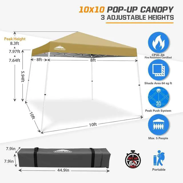 Alt view image 3 of 7 - 10x10 Slant Leg Pop-up Canopy Tent Easy One Person Setup Instant Outdoor Beach Canopy Folding Portable Sports Shelter 10x10 Base 8x8 Top (Beige)