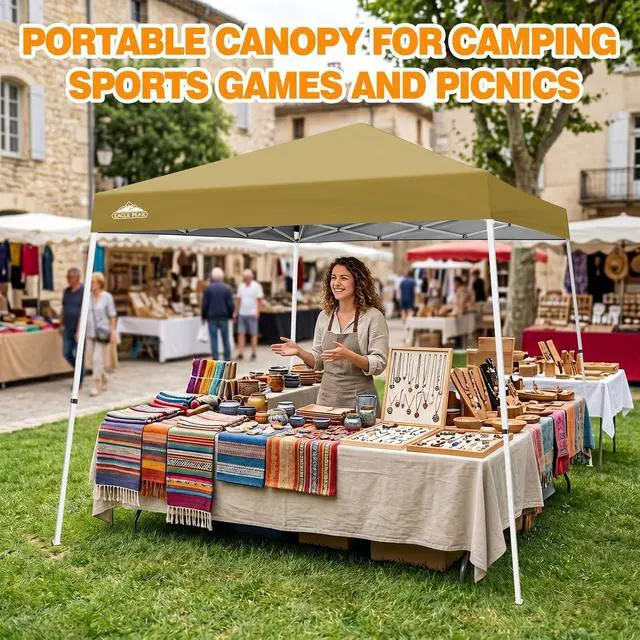 Alt view image 5 of 7 - 10x10 Slant Leg Pop-up Canopy Tent Easy One Person Setup Instant Outdoor Beach Canopy Folding Portable Sports Shelter 10x10 Base 8x8 Top (Beige)