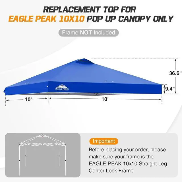 Alt view image 2 of 7 - Replacement Canopy Top for Eagle Peak 10x10 Straight Leg Pop Up Canopy Frame Only, Canopy Cover with Air Vent, UPF 50+, Frame NOT Included, Blue