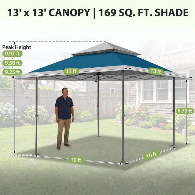 Alt view image 3 of 7 - 13x13 Straight Leg Pop Up Canopy Tent Instant Outdoor Canopy Easy Single Person Set up Folding Shelter w/Auto Extending Eaves 169 Square Feet of Shade (Blue/Gray)