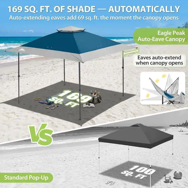 Alt view image 4 of 7 - 13x13 Straight Leg Pop Up Canopy Tent Instant Outdoor Canopy Easy Single Person Set up Folding Shelter w/Auto Extending Eaves 169 Square Feet of Shade (Blue/Gray)