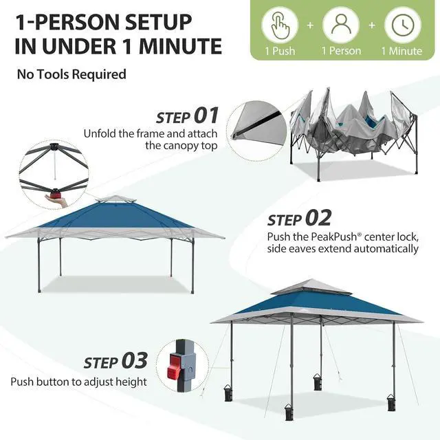 Alt view image 7 of 7 - 13x13 Straight Leg Pop Up Canopy Tent Instant Outdoor Canopy Easy Single Person Set up Folding Shelter w/Auto Extending Eaves 169 Square Feet of Shade (Blue/Gray)