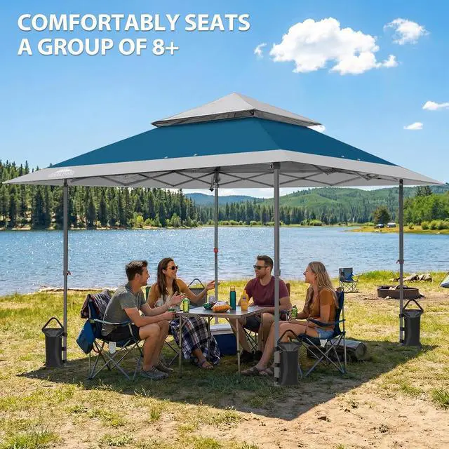 Alt view image 5 of 7 - 13x13 Straight Leg Pop Up Canopy Tent Instant Outdoor Canopy Easy Single Person Set up Folding Shelter w/Auto Extending Eaves 169 Square Feet of Shade (Blue/Gray)