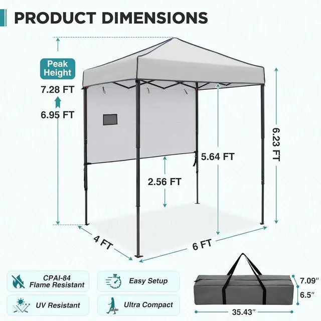 Alt view image 3 of 7 - 6x4 Instant Pop Up Canopy Tent with 1 Half Wall Panel, Straight Leg Sun Shelter, Portable Canopy with Carry Bag for Camping, Beach & Sports, Gray