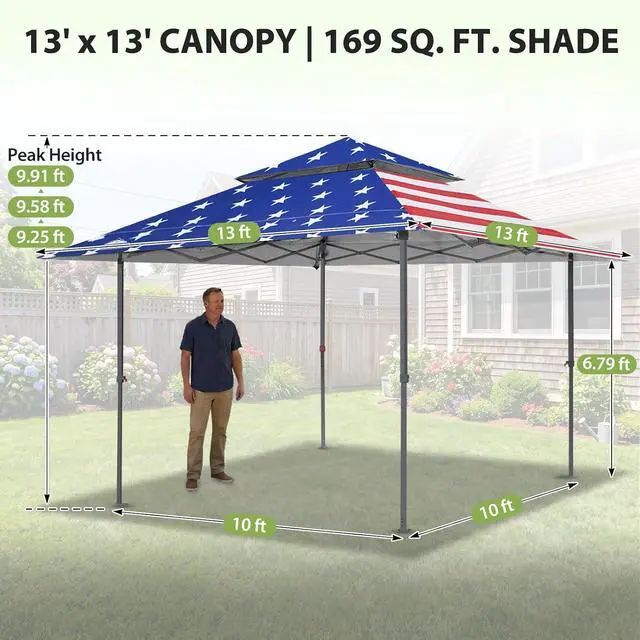 Alt view image 3 of 7 - 13x13 Straight Leg Pop Up Canopy Tent Instant Outdoor Canopy Easy Single Person Set up Folding Shelter w/Auto Extending Eaves 169 Square Feet of Shade (American Flag)