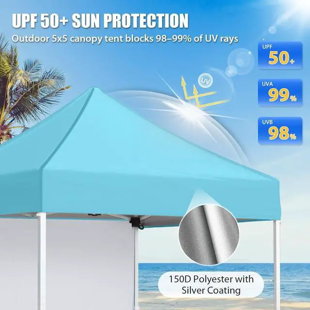 Alt view image 2 of 7 - Pop up Canopy 5x5, Outdoor Portable Canopy Tent with One Removable Sunwall, Carry Bag Included, Light Blue