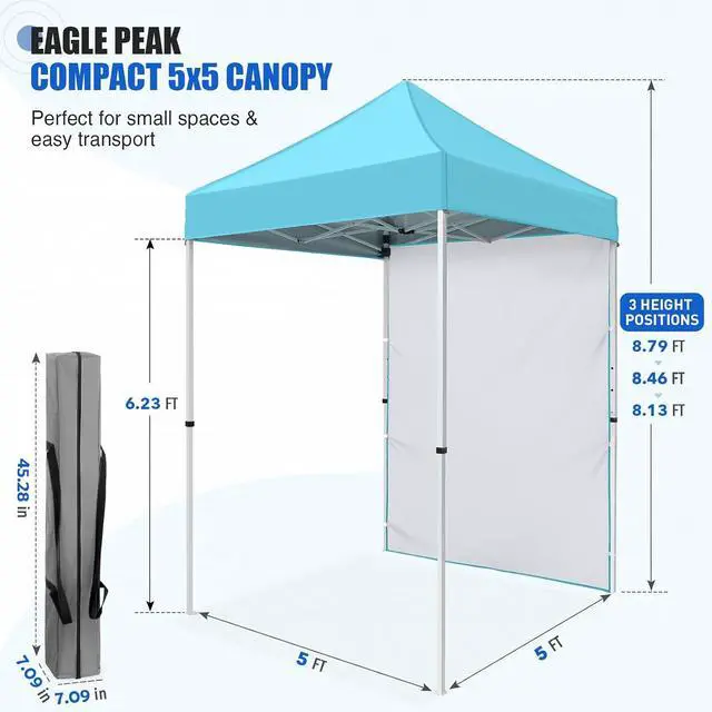 Alt view image 3 of 7 - Pop up Canopy 5x5, Outdoor Portable Canopy Tent with One Removable Sunwall, Carry Bag Included, Light Blue