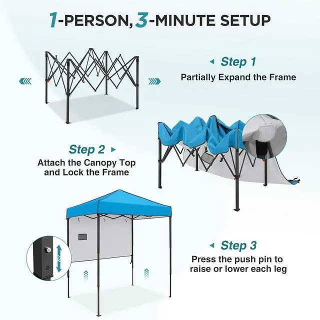 Alt view image 2 of 7 - 6x4 Instant Pop Up Canopy Tent with 1 Half Wall Panel, Straight Leg Sun Shelter, Portable Canopy with Carry Bag for Camping, Beach & Sports, Light Blue