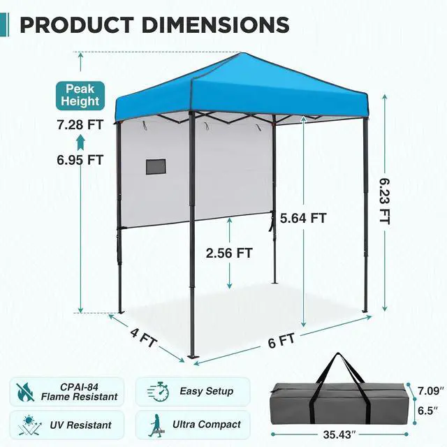 Alt view image 3 of 7 - 6x4 Instant Pop Up Canopy Tent with 1 Half Wall Panel, Straight Leg Sun Shelter, Portable Canopy with Carry Bag for Camping, Beach & Sports, Light Blue