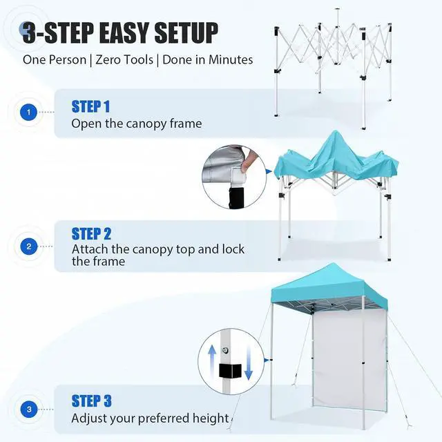 Alt view image 7 of 7 - Pop up Canopy 5x5, Outdoor Portable Canopy Tent with One Removable Sunwall, Carry Bag Included, Light Blue
