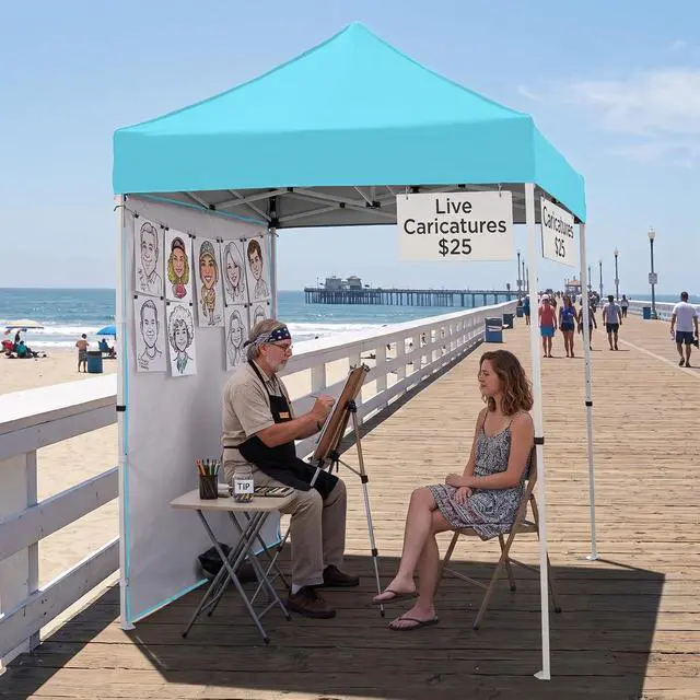Alt view image 5 of 7 - Pop up Canopy 5x5, Outdoor Portable Canopy Tent with One Removable Sunwall, Carry Bag Included, Light Blue