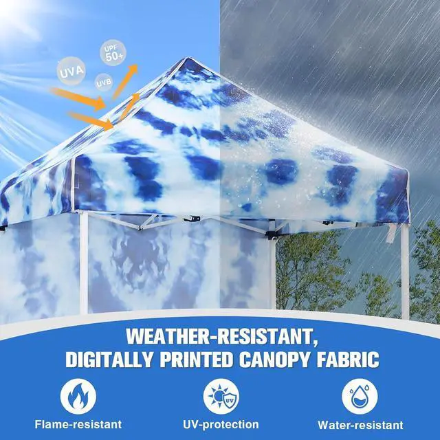Alt view image 2 of 7 - Pop up Canopy 5x5, Outdoor Portable Canopy Tent with One Removable Sunwall, Carry Bag Included, Tie Dye Blue