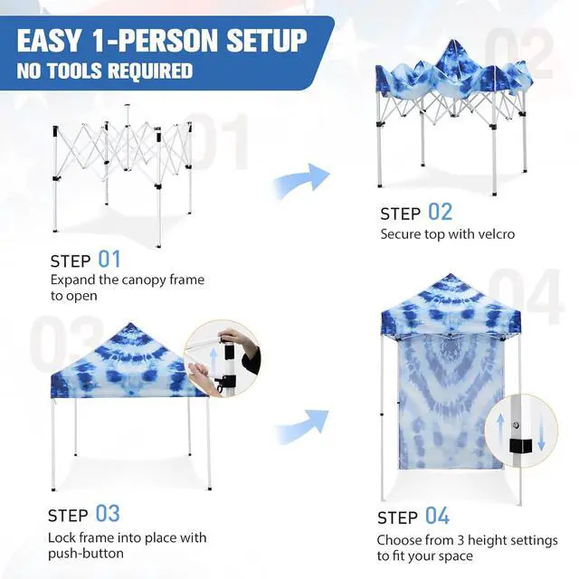 Alt view image 4 of 7 - Pop up Canopy 5x5, Outdoor Portable Canopy Tent with One Removable Sunwall, Carry Bag Included, Tie Dye Blue