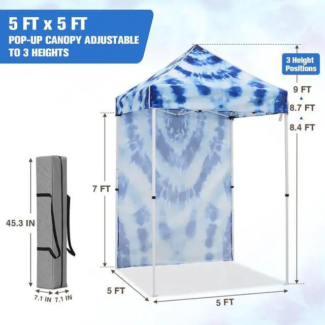 Alt view image 3 of 7 - Pop up Canopy 5x5, Outdoor Portable Canopy Tent with One Removable Sunwall, Carry Bag Included, Tie Dye Blue