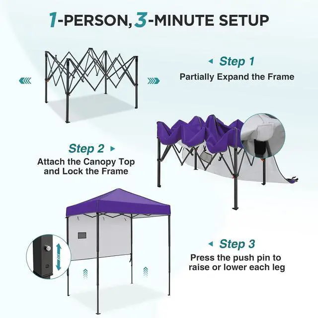 Alt view image 2 of 7 - 6x4 Instant Pop Up Canopy Tent with 1 Half Wall Panel, Straight Leg Sun Shelter, Portable Canopy with Carry Bag for Camping, Beach & Sports, Purple
