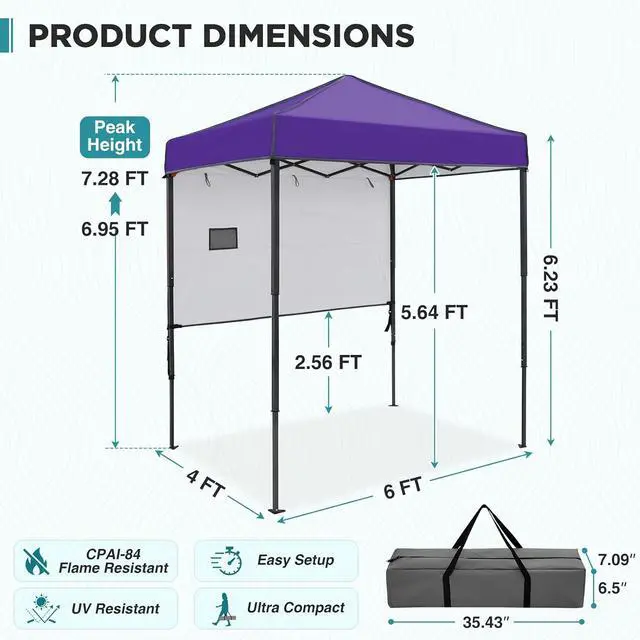 Alt view image 3 of 7 - 6x4 Instant Pop Up Canopy Tent with 1 Half Wall Panel, Straight Leg Sun Shelter, Portable Canopy with Carry Bag for Camping, Beach & Sports, Purple