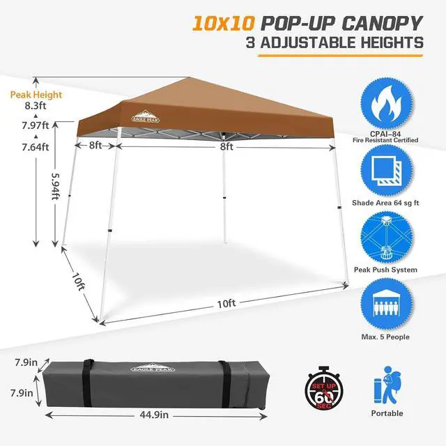 Alt view image 3 of 7 - 10x10 Slant Leg Pop-up Canopy Tent Easy One Person Setup Instant Outdoor Beach Canopy Folding Portable Sports Shelter 10x10 Base 8x8 Top (Khaki)