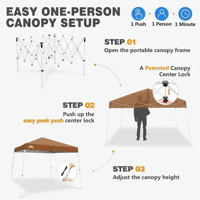 Alt view image 6 of 7 - 10x10 Slant Leg Pop-up Canopy Tent Easy One Person Setup Instant Outdoor Beach Canopy Folding Portable Sports Shelter 10x10 Base 8x8 Top (Khaki)