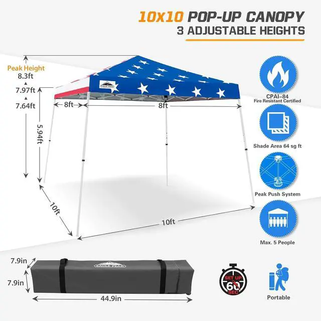 Alt view image 3 of 7 - 10x10 Slant Leg Pop-up Canopy Tent Easy One Person Setup Instant Outdoor Beach Canopy Folding Portable Sports Shelter 10x10 Base 8x8 Top (American Flag)