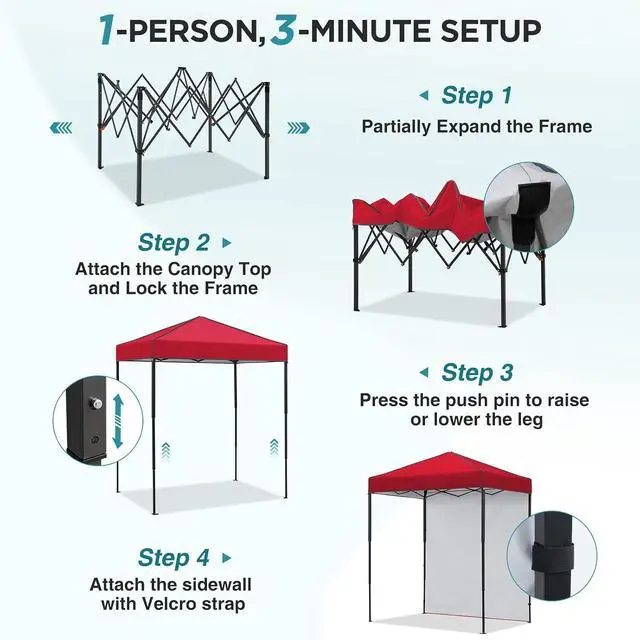 Alt view image 2 of 7 - 6x4 Instant Pop Up Canopy Tent with 1 Side Wall Panel, Straight Leg Sun Shelter, Portable Canopy with Carry Bag for Camping, Beach & Sports, Red