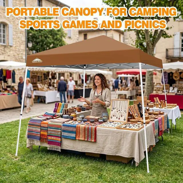 Alt view image 5 of 7 - 10x10 Slant Leg Pop-up Canopy Tent Easy One Person Setup Instant Outdoor Beach Canopy Folding Portable Sports Shelter 10x10 Base 8x8 Top (Khaki)