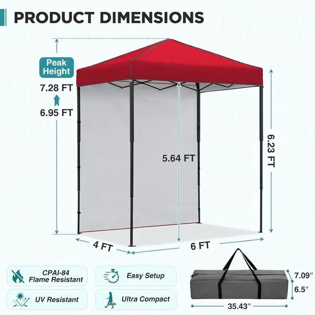 Alt view image 3 of 7 - 6x4 Instant Pop Up Canopy Tent with 1 Side Wall Panel, Straight Leg Sun Shelter, Portable Canopy with Carry Bag for Camping, Beach & Sports, Red