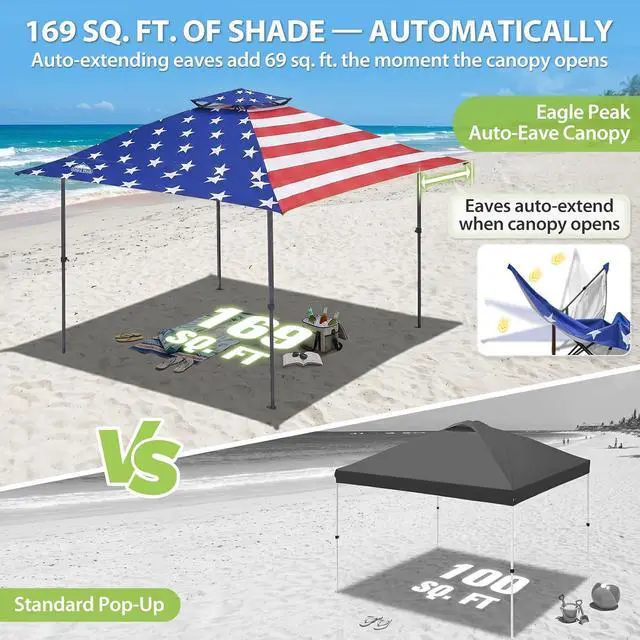 Alt view image 4 of 7 - 13x13 Straight Leg Pop Up Canopy Tent Instant Outdoor Canopy Easy Single Person Set up Folding Shelter w/Auto Extending Eaves 169 Square Feet of Shade (American Flag)