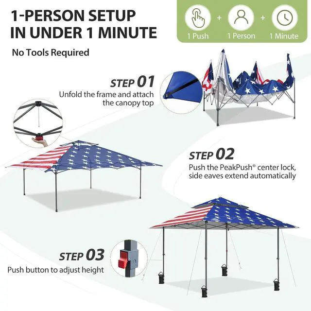 Alt view image 7 of 7 - 13x13 Straight Leg Pop Up Canopy Tent Instant Outdoor Canopy Easy Single Person Set up Folding Shelter w/Auto Extending Eaves 169 Square Feet of Shade (American Flag)