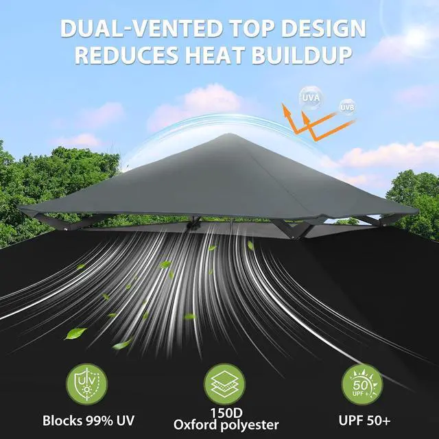 Alt view image 2 of 7 - 13x13 Straight Leg Pop Up Canopy Tent Instant Outdoor Canopy Easy Single Person Set up Folding Shelter w/Auto Extending Eaves 169 Square Feet of Shade (Black/Gray)