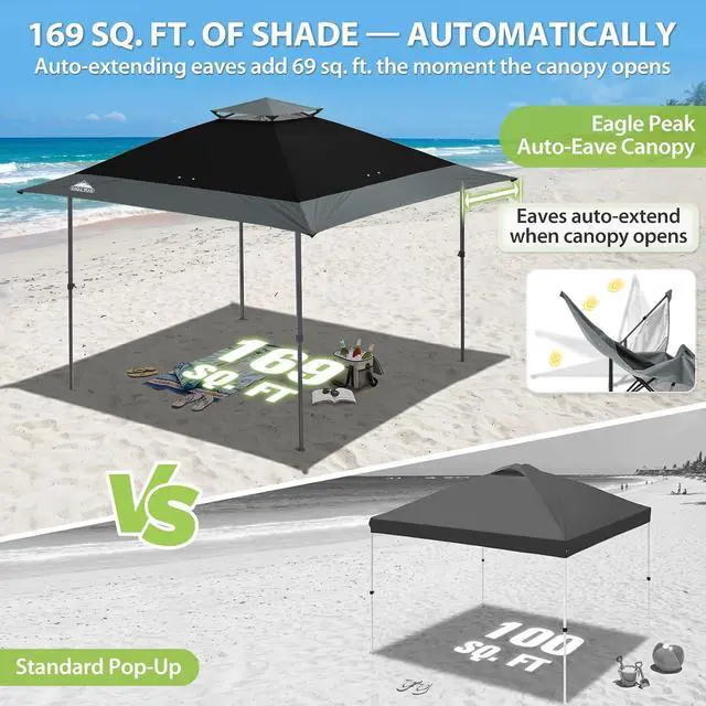 Alt view image 4 of 7 - 13x13 Straight Leg Pop Up Canopy Tent Instant Outdoor Canopy Easy Single Person Set up Folding Shelter w/Auto Extending Eaves 169 Square Feet of Shade (Black/Gray)