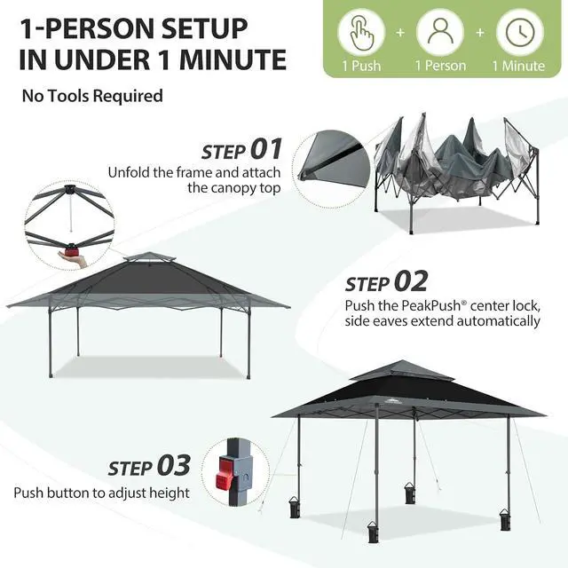 Alt view image 7 of 7 - 13x13 Straight Leg Pop Up Canopy Tent Instant Outdoor Canopy Easy Single Person Set up Folding Shelter w/Auto Extending Eaves 169 Square Feet of Shade (Black/Gray)