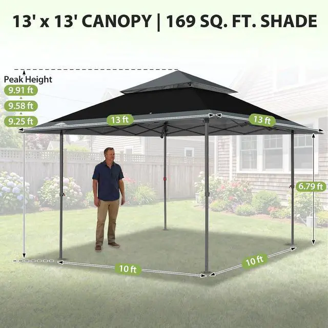Alt view image 3 of 7 - 13x13 Straight Leg Pop Up Canopy Tent Instant Outdoor Canopy Easy Single Person Set up Folding Shelter w/Auto Extending Eaves 169 Square Feet of Shade (Black/Gray)