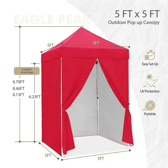 Alt view image 3 of 7 - 5x5 Instant Canopy with 4-Side Wall Panels, Small Pop up Portable Canopy Tent with Carry Bag, Light Weight Sun Shelter for Sports, Camping and Beach, Red