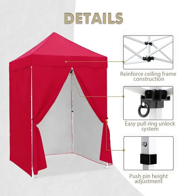 Alt view image 4 of 7 - 5x5 Instant Canopy with 4-Side Wall Panels, Small Pop up Portable Canopy Tent with Carry Bag, Light Weight Sun Shelter for Sports, Camping and Beach, Red