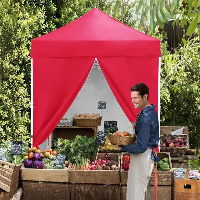 Alt view image 7 of 7 - 5x5 Instant Canopy with 4-Side Wall Panels, Small Pop up Portable Canopy Tent with Carry Bag, Light Weight Sun Shelter for Sports, Camping and Beach, Red