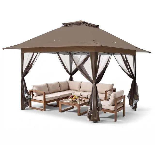 Main image of 13x13 Pop Up Canopy Tent with Mosquito Netting Screen Tent, Auto Extending Eaves 169 Sq Ft of Shade, Easy One-Person Setup Screened Gazebo for Backyard and Patio, Brown