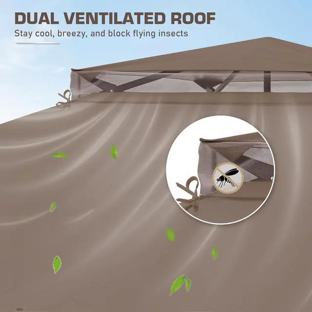 Alt view image 2 of 7 - 13x13 Pop Up Canopy Tent with Mosquito Netting Screen Tent, Auto Extending Eaves 169 Sq Ft of Shade, Easy One-Person Setup Screened Gazebo for Backyard and Patio, Brown