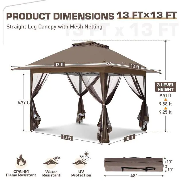 Alt view image 3 of 7 - 13x13 Pop Up Canopy Tent with Mosquito Netting Screen Tent, Auto Extending Eaves 169 Sq Ft of Shade, Easy One-Person Setup Screened Gazebo for Backyard and Patio, Brown
