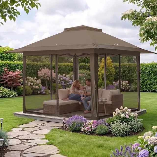 Alt view image 5 of 7 - 13x13 Pop Up Canopy Tent with Mosquito Netting Screen Tent, Auto Extending Eaves 169 Sq Ft of Shade, Easy One-Person Setup Screened Gazebo for Backyard and Patio, Brown