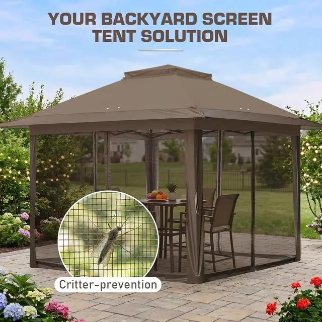 Alt view image 6 of 7 - 13x13 Pop Up Canopy Tent with Mosquito Netting Screen Tent, Auto Extending Eaves 169 Sq Ft of Shade, Easy One-Person Setup Screened Gazebo for Backyard and Patio, Brown